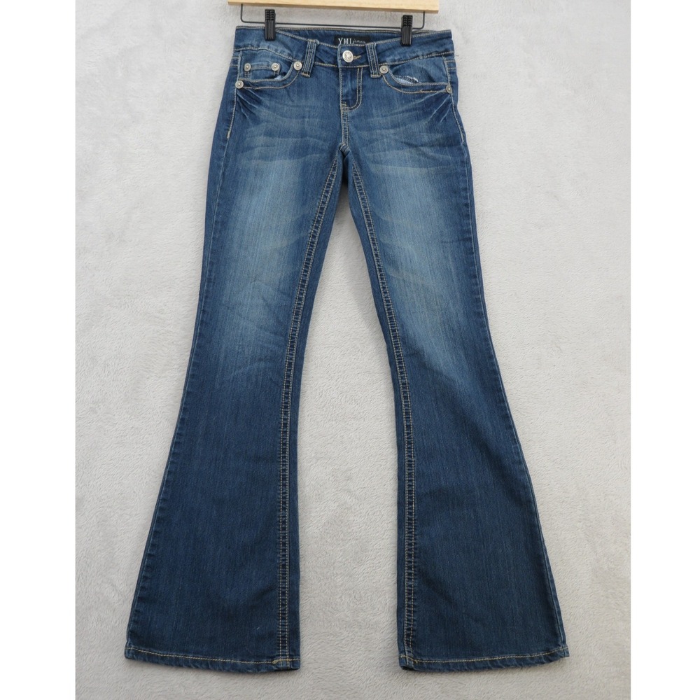 YMI Jeans Women 1 Flare Medium Wash Low Rise Y2K Embroidered Flap Pocket McBling